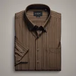 short-sleeved brown button-up shirt with dark vertical stripes image